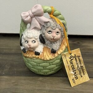 VINTAGE 1985 GIFTCO CERAMIC BABY Lamb/Sheep BASKET BELL-SPRING EASTER w/org. tag